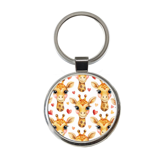 Cute Giraffe Faces Hearts Round Metal Keychain