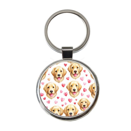 Cute Golden Retriever Dog Faces Hearts Round Metal Keychain