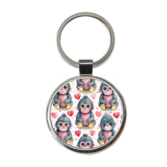 Cute Gorillas Hearts Watercolor Round Metal Keychain