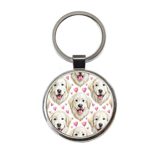 Cute Great Pyrenees Dog Faces Hearts Round Metal Keychain