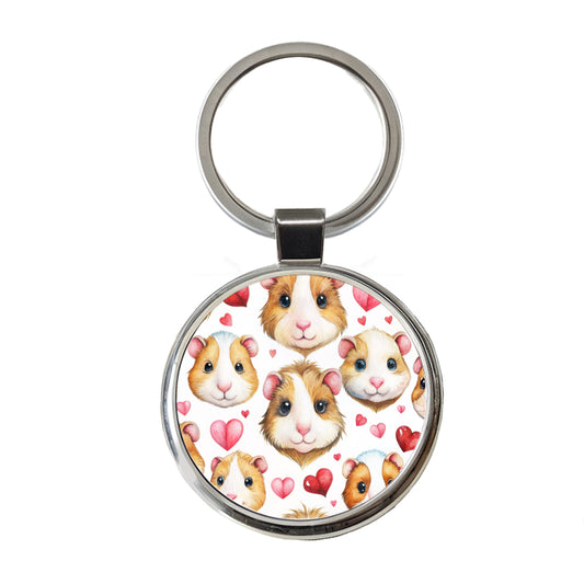 Cute Guinea Pig Faces Hearts Round Metal Keychain