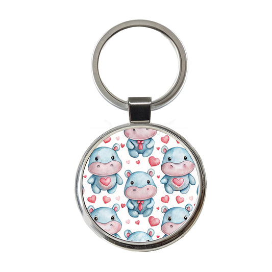 Cute Hippopotamus Hearts Watercolor Round Metal Keychain