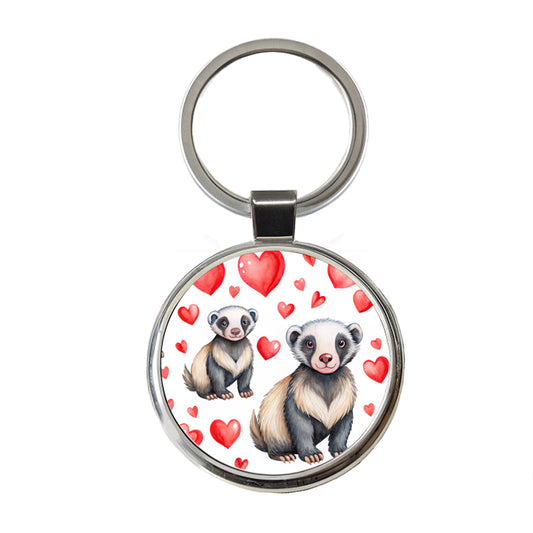 Cute Honey Badger Hearts Watercolor Round Metal Keychain