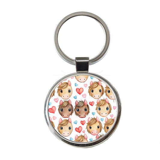 Cute Horse Faces Hearts Watercolor Round Metal Keychain