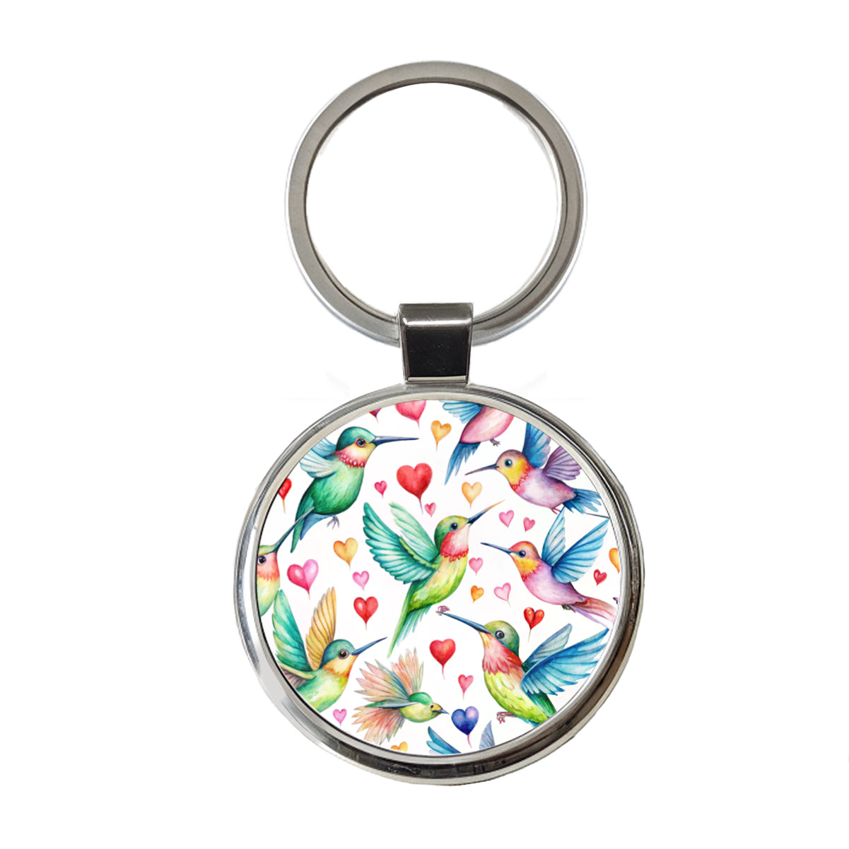 Cute Hummingbirds Hearts Watercolor Round Metal Keychain
