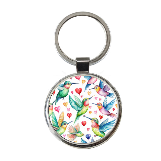 Cute Hummingbirds Hearts Watercolor Round Metal Keychain