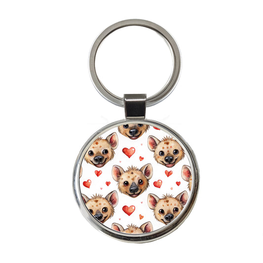 Cute Hyenas Faces Hearts Watercolor Round Metal Keychain