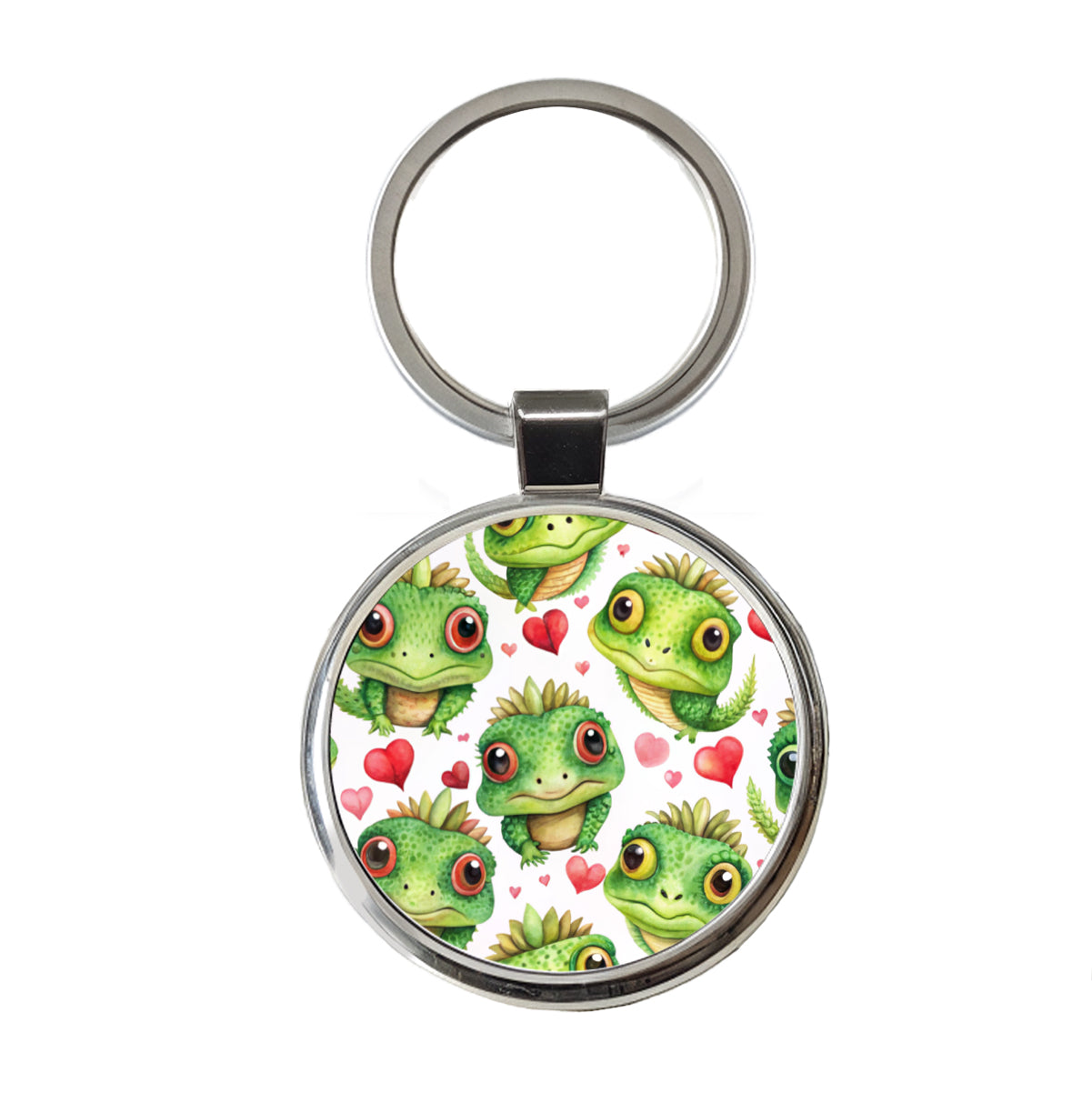 Cute Iguanas Hearts Watercolor Round Metal Keychain