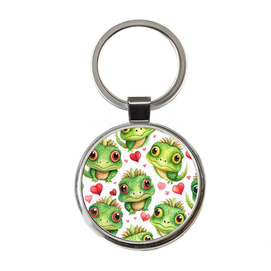 Cute Iguanas Hearts Watercolor Round Metal Keychain