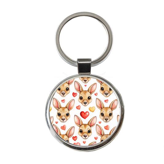 Cute Kangaroo Faces Hearts Round Metal Keychain
