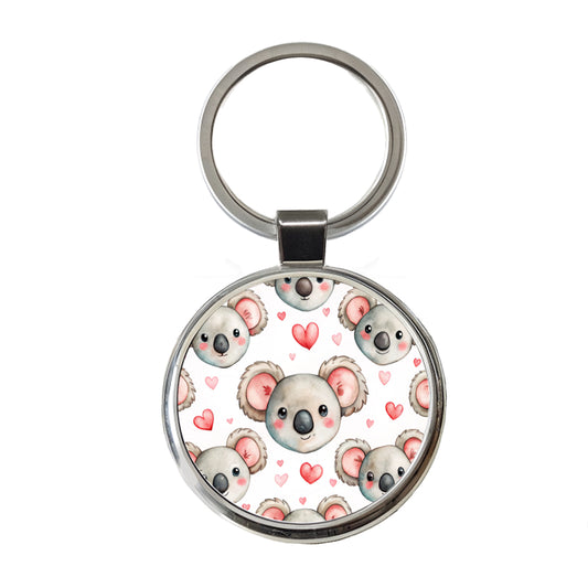 Cute Koala Bears Faces Hearts Round Metal Keychain