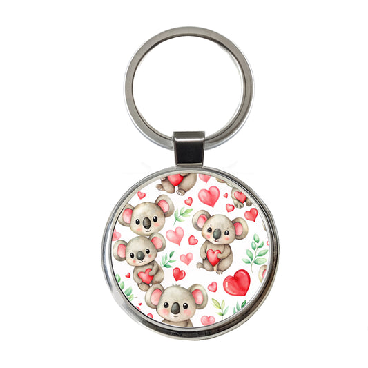 Cute Koala Bears Hearts Watercolor Round Metal Keychain