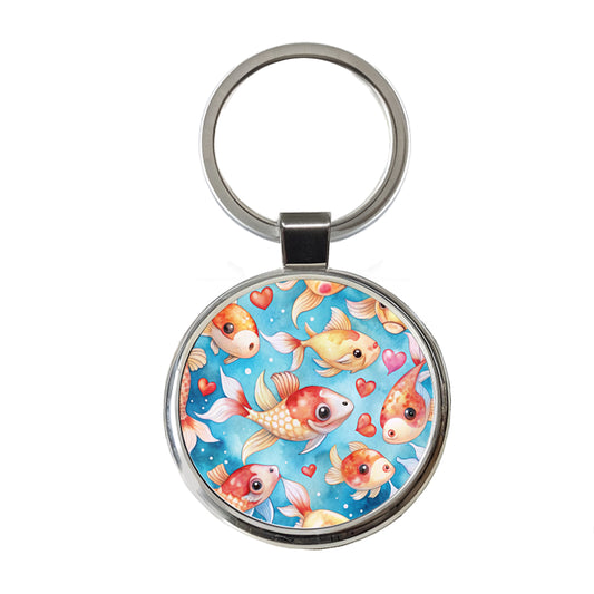 Cute Koi Fishes Hearts Watercolor Round Metal Keychain