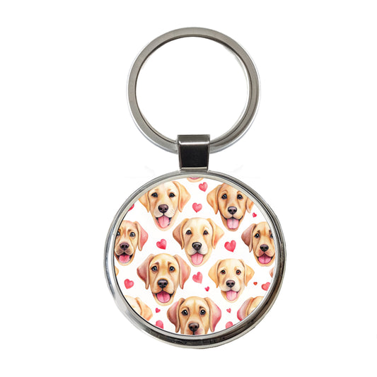Cute Labrador Retriever Dog Faces Hearts Round Metal Keychain