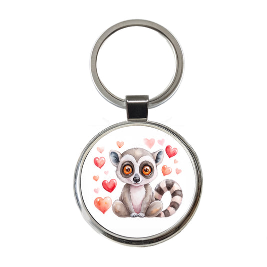 Cute Lemur Hearts Watercolor Round Metal Keychain