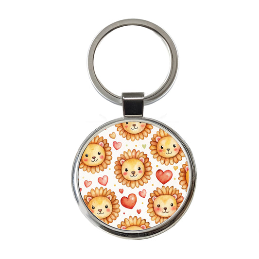 Cute Lion Faces Hearts Watercolor Round Metal Keychain