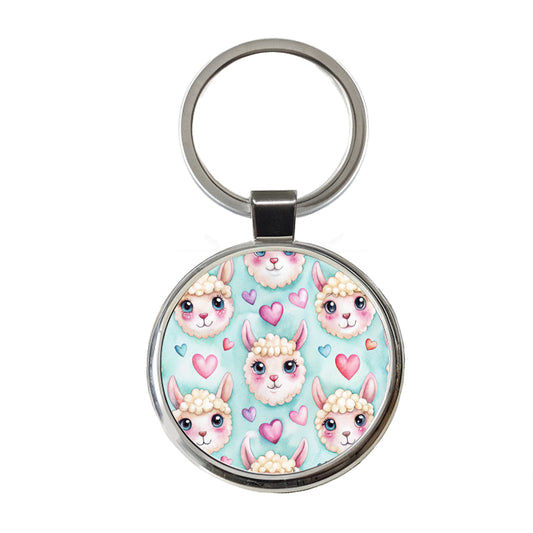 Cute Llama Faces Hearts Watercolor Round Metal Keychain