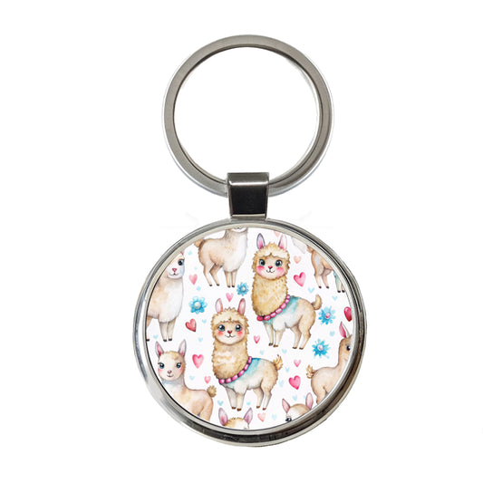 Cute Llamas Hearts Watercolor Round Metal Keychain