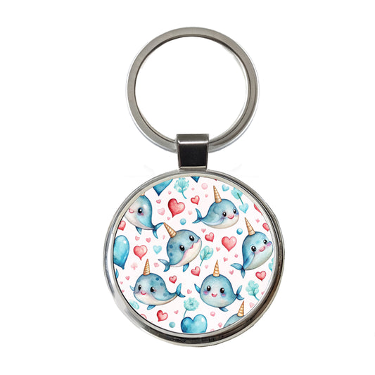 Cute Narwhals Hearts Watercolor Round Metal Keychain