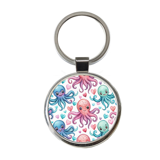Cute Octopus Hearts Watercolor Round Metal Keychain