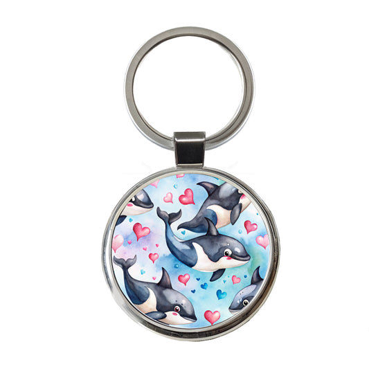 Cute Orcas Whales Hearts Watercolor Round Metal Keychain