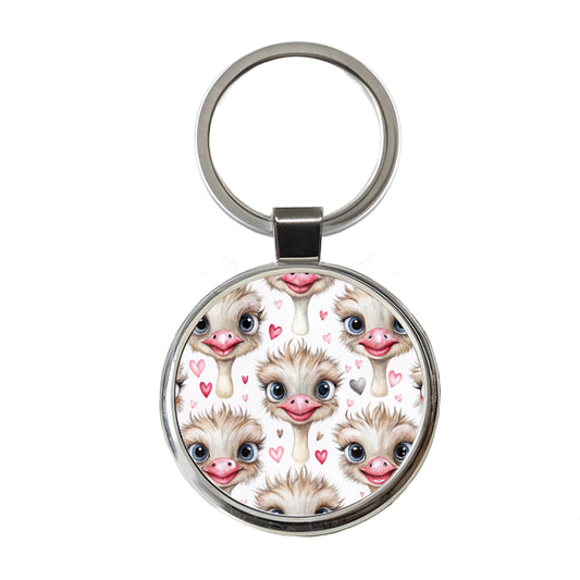 Cute Ostriches Faces Hearts Round Metal Keychain