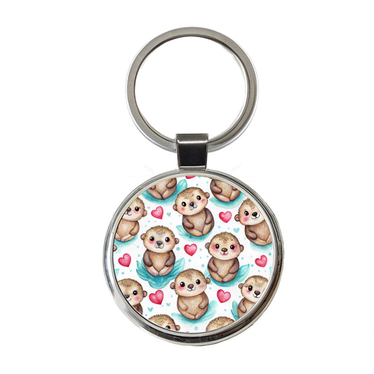 Cute Otters Hearts Watercolor Round Metal Keychain