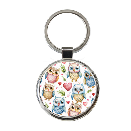Cute Owls Hearts Watercolor Round Metal Keychain
