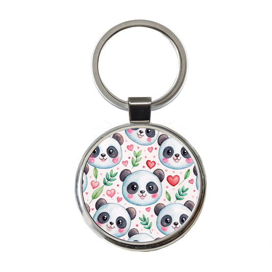 Cute Panda Faces Hearts Watercolor Round Metal Keychain