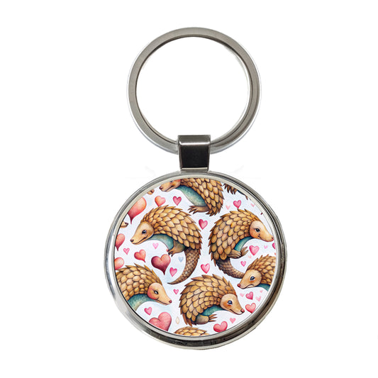 Cute Pangolin Hearts Watercolor Round Metal Keychain