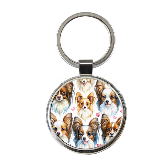 Cute Papillion Dog Faces Hearts Round Metal Keychain