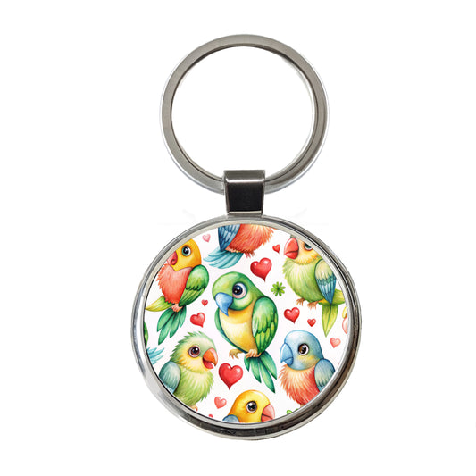 Cute Parrots Hearts Watercolor Round Metal Keychain