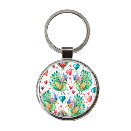 Cute Peacocks Hearts Watercolor Round Metal Keychain