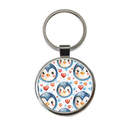Cute Penguin Faces Hearts Watercolor Round Metal Keychain