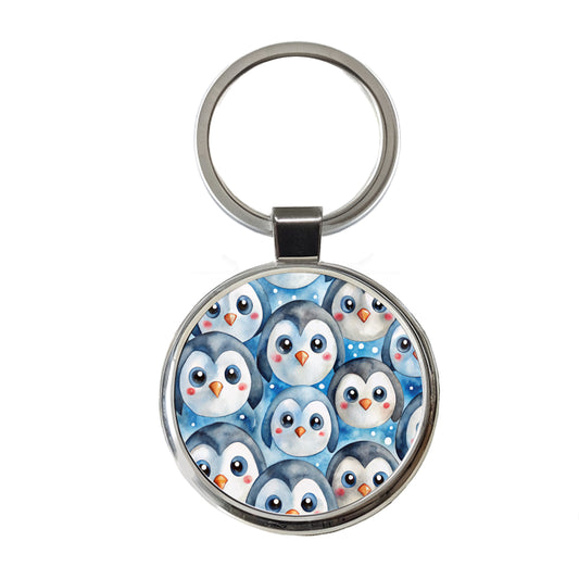 Cute Penguin Faces Watercolor Round Metal Keychain