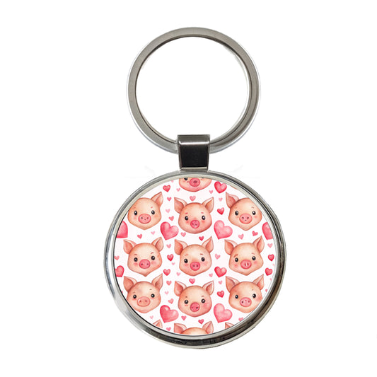 Cute Pig Faces Hearts Watercolor Round Metal Keychain