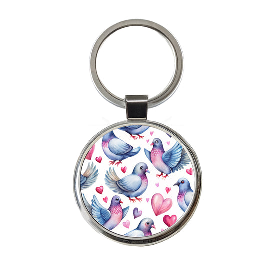 Cute Pigeons Hearts Watercolor Round Metal Keychain