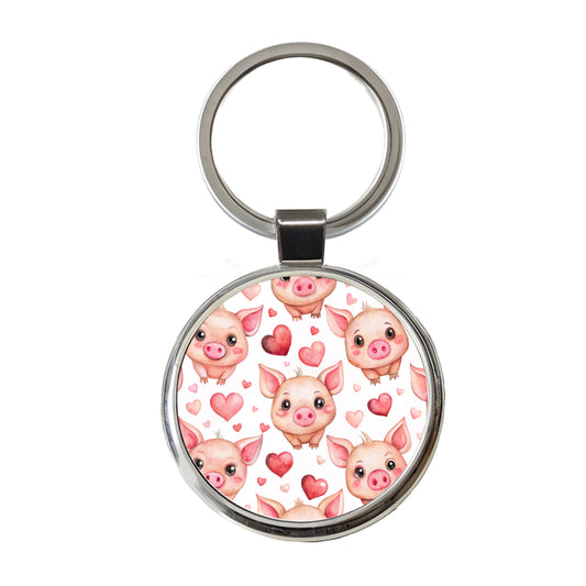 Cute Pigs Hearts Watercolor Round Metal Keychain