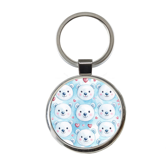 Cute Polar Bear Faces Hearts Round Metal Keychain