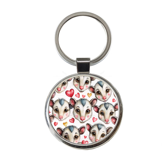 Cute Possum Faces Hearts Watercolor Round Metal Keychain