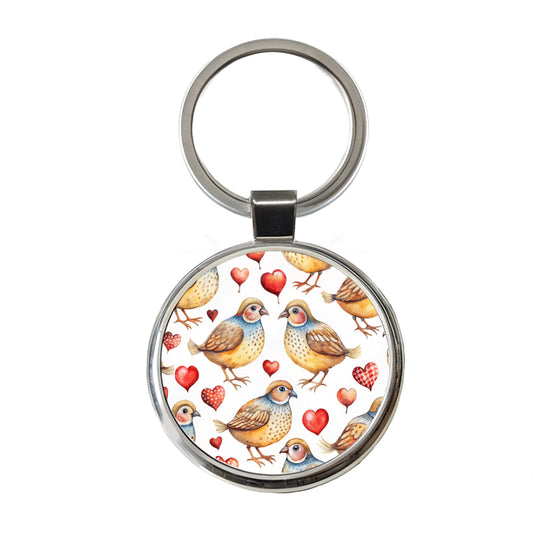 Cute Quails Hearts Watercolor Round Metal Keychain