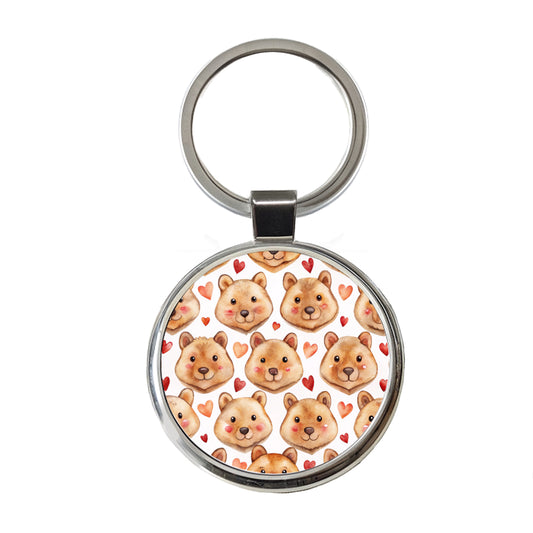 Cute Quokka Faces Hearts Watercolor Round Metal Keychain