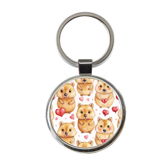 Cute Quokkas Hearts Watercolor Round Metal Keychain