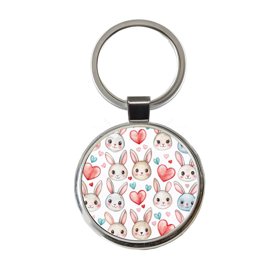 Cute Rabbit Bunny Faces Hearts Easter Round Metal Keychain