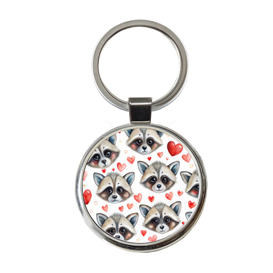 Cute Raccoon Faces Hearts Round Metal Keychain