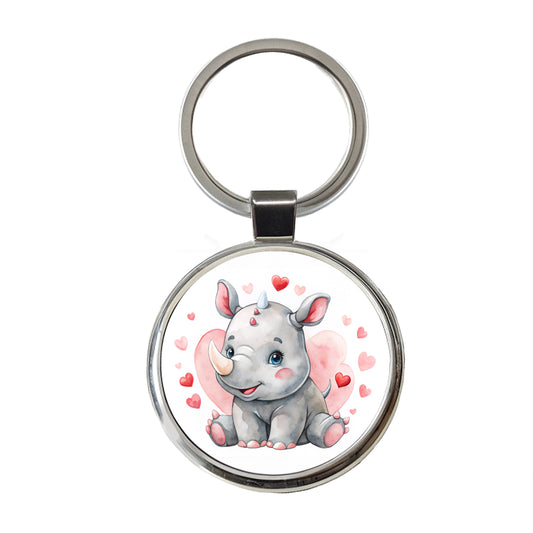 Cute Rhinoceros Hearts Watercolor Round Metal Keychain