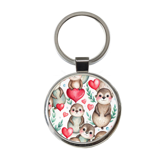 Cute River Otter Hearts Watercolor Round Metal Keychain
