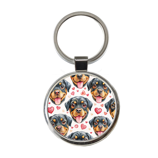 Cute Rottweiler Dog Faces Hearts Round Metal Keychain