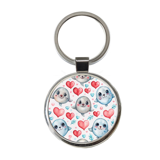 Cute Seals Hearts Watercolor Round Metal Keychain