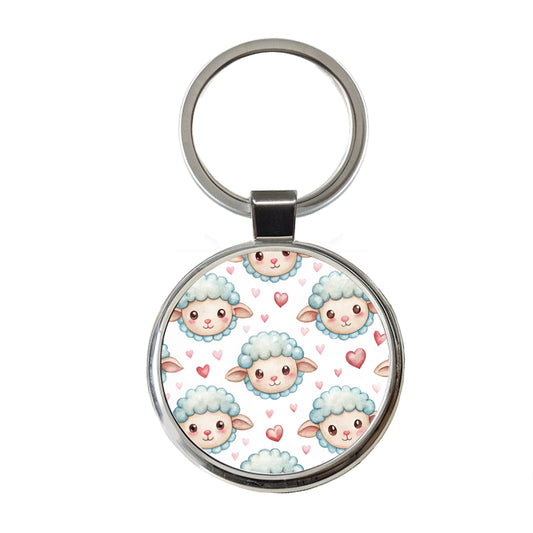 Cute Sheep Faces Hearts Watercolor Round Metal Keychain
